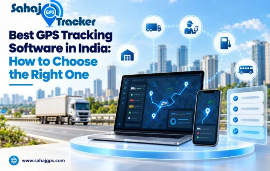 Best GPS tracking software in India featuring a commercial truck, GPS tracking dashboard on a laptop, smartphone vehicle tracking, and fleet monitoring icons.