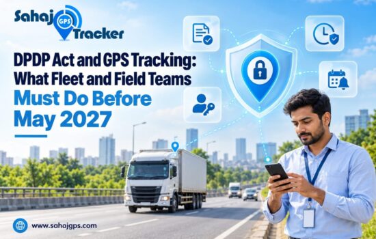 SAHAJ GPS infographic about the DPDP Act and GPS tracking, featuring a commercial truck, a field executive using a smartphone, and security icons representing location-data protection, access control, and compliance planning before May 2027.