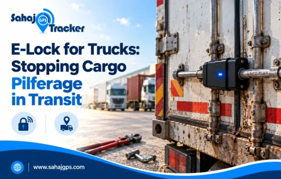 Electronic truck lock with blue LED fitted to cargo truck doors to prevent cargo pilferage during transit.