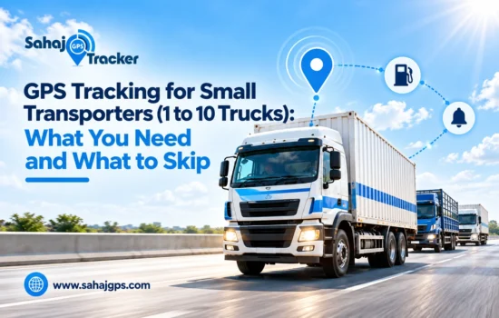 GPS tracking for small transporters with 1 to 10 trucks, showing trucks on a highway with location, fuel and alert icons