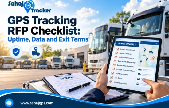 GPS tracking RFP checklist on a tablet with tender document, buses and trucks parked at a fleet depot