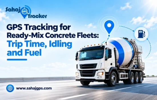 GPS tracking for ready-mix concrete fleets showing a transit mixer, plant geo-fence and trip report on a phone