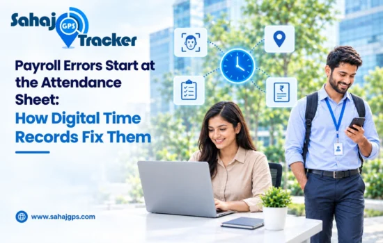 Sahaj GPS promotional graphic about preventing payroll errors with digital time tracking. The image shows an office manager using a laptop, a field employee checking his smartphone, and icons representing attendance records, employee identification, time tracking, and payroll.