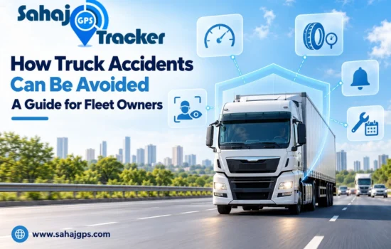 Truck on a highway with safety icons for speed alerts, tyre monitoring, driver monitoring and maintenance reminders