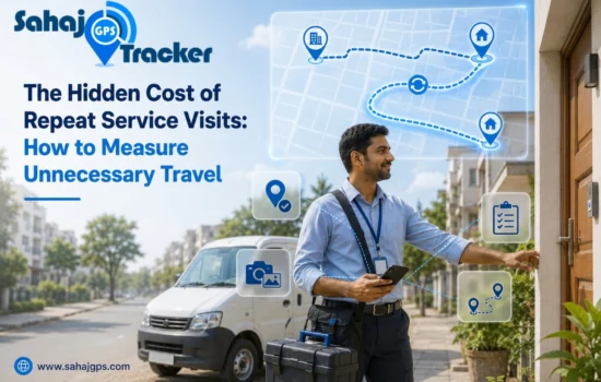 Service technician at a customer's door with a map showing a repeat service visit route and field tracking icons for check-in, photo proof and distance