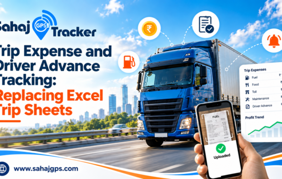 Sahaj GPS Tracker trip expense and driver advance tracking system featuring a blue truck, digital expense dashboard, fuel receipt upload, and profit tracking graph.